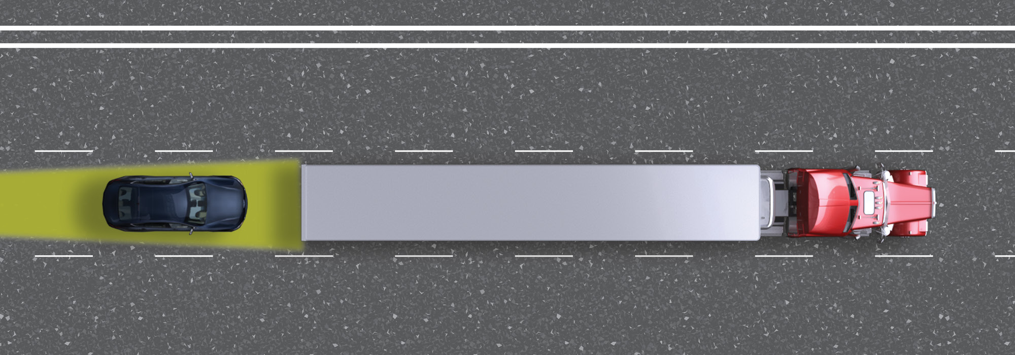 Top down view depicting a car dangerously close to the rear of a large commerical vehicle