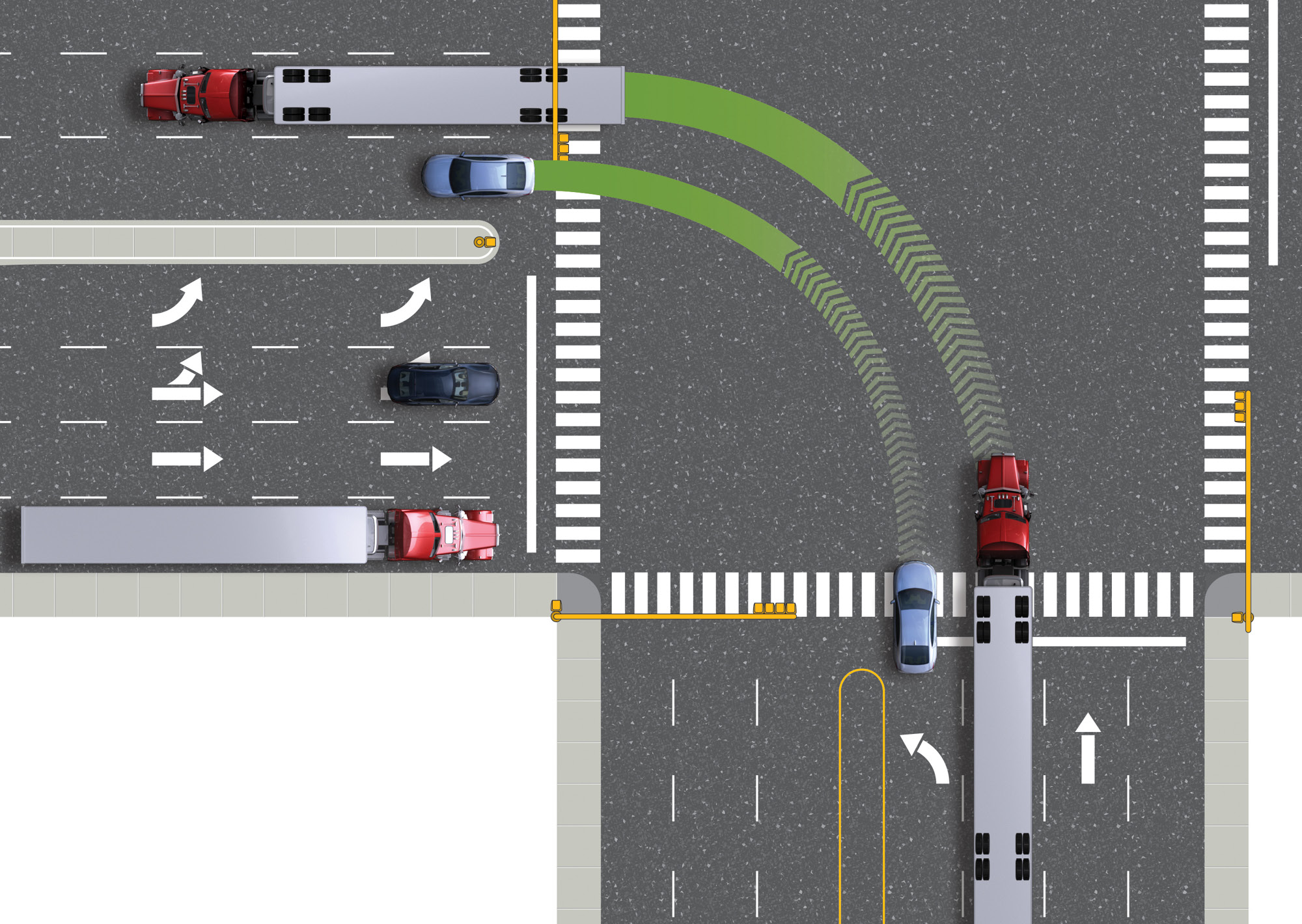 How a truck and trailer track on a left turn