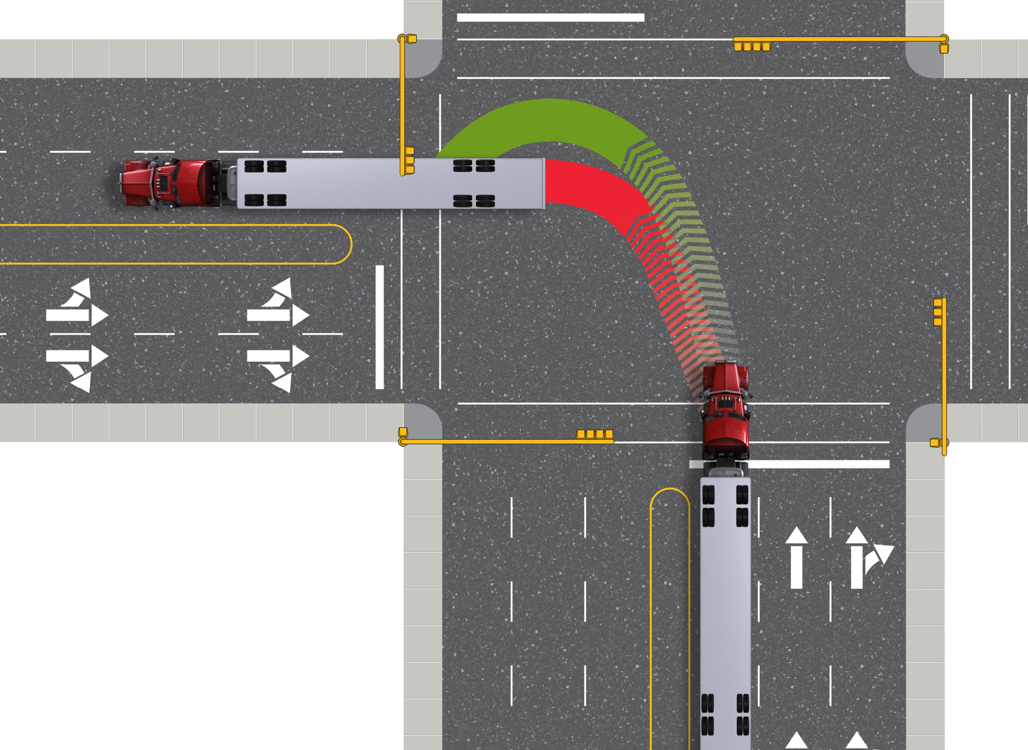 How a truck and trailer track on a left turn