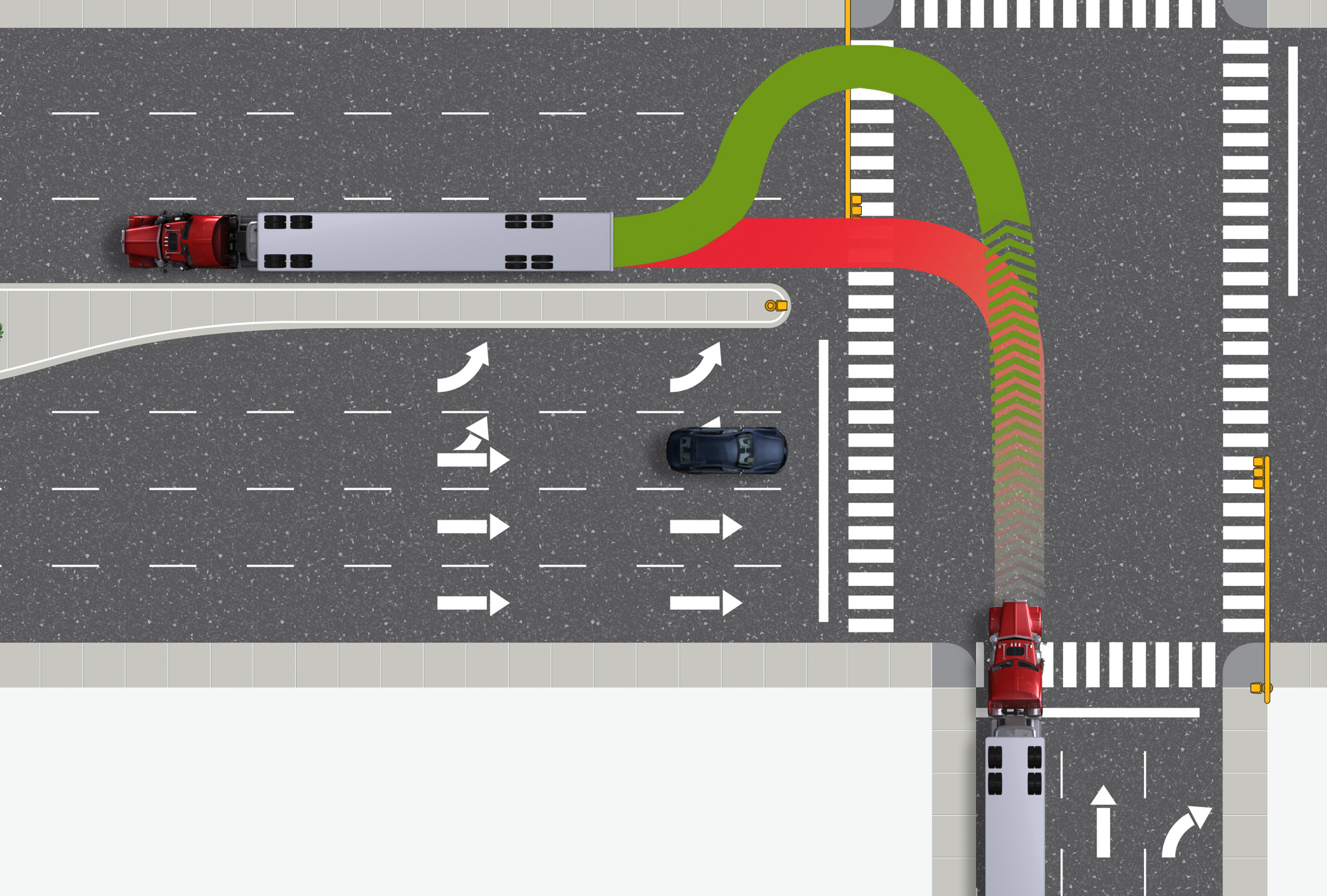 How a truck and trailer track on a one-way to two-way turn